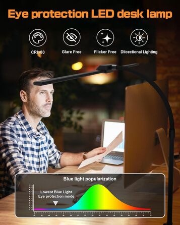 Ультраяскрава світлодіодна настільна лампа з подвійною головою з можливістю затемнення, Mefine 22 Вт Architect Lamp Clampable Black, Настільна лампа для захисту очей Денне світло Гусяча шия Настільна лампа Офіс з 5 колірною температурою