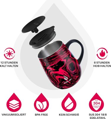 Кавова кружка Ideus 470 мл (16 унцій), двостінна вакуумно-ізольована кружка для кави та чаю з нержавіючої сталі з нековзною ручкою та розсувною кришкою, велика місткість (червона зебра)