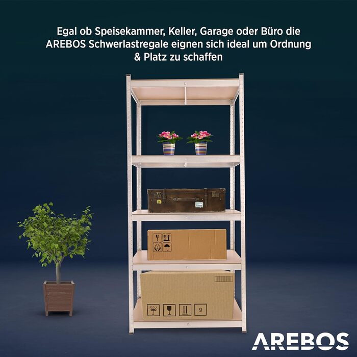 Міцний стелаж Arebos 200x90x45 см Вантажопідйомність 1000 кг 5 полиць з МДФ Легке складання за допомогою вставної системи, без потреби в гвинтах Стелаж, стелаж для зберігання, стелаж для підвалу, вставний стелаж, стелаж для майстерні Оцинкований
