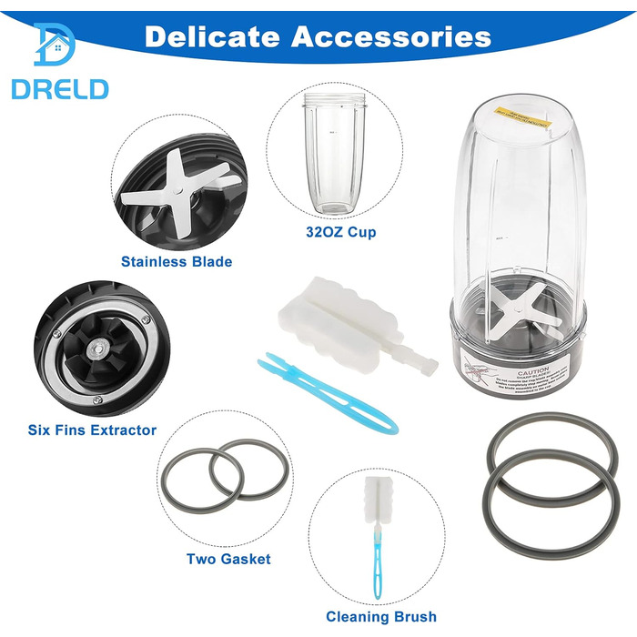 Запасні частини блендера DRELD з 5 предметів, сумісні з блендером NutriBullet Juicer 600 Вт/900 Вт, з кухлем 132 унції, 1запасним лезом екстрактора, 2гумовими ущільнювачами, 1щіткою, аксесуарами Nutribullet