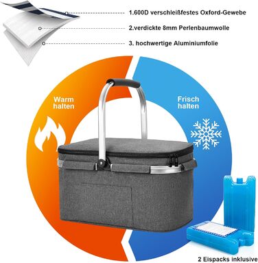 Велика складна ізольована сумка-холодильник - кошик для покупок з кришкою, знімний кошик для пікніка на 2 особи, кошик-холодильник з алюмінієвою рамою, потовщений термокошик - з 2 пакетами льоду XL чорного кольору