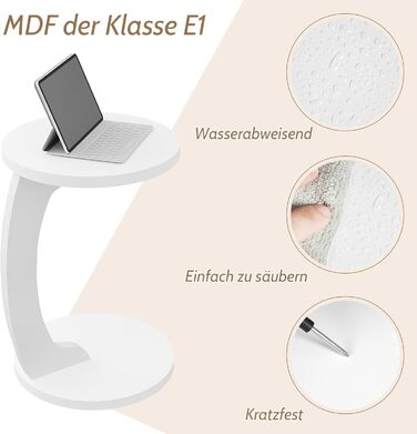 Журнальний столик WOLTU C-подібної форми, круглий журнальний столик, столик для дивана, стіл для вітальні, приставний столик, маленький столик для дивана, дивана, ліжка, виготовлений з МДФ, 38xH55 см, білий, BTS20ws