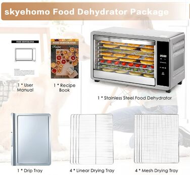 Дегідратор Skyehomo з нержавіючої сталі, дегідратор 650 Вт 0,8 м дегідратор з регулятором температури (35-80 C), таймер на 24 години, 8 рівнів сушильної машини з решіткою з нержавіючої сталі, дегідратор їжі для м'яса, фруктів, овочів, трав