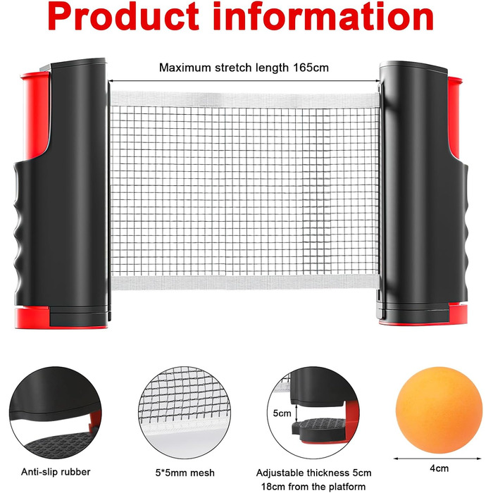 Розсувна портативна сітка для настільного тенісу, сітка для настільного тенісу з 5 мячами для настільного тенісу, сітка для настільного тенісу, портативна замінна сітка для пінг-понгу для початківців і досвідчених гравців, на відкритому повітрі та в примі