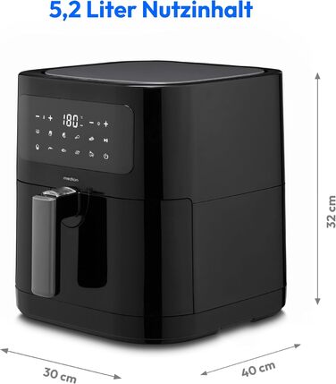 Аерофритюрниця MEDION E40 XL (5,2 л, 2150 Вт, 9 автопрограм, функція випікання, фритюр без олії, сенсорна панель, LED-дисплей, MD 11740) чорна
