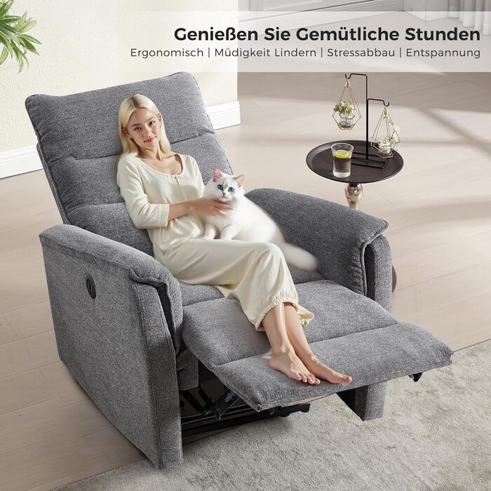 Електричне крісло-реклайнер для телевізора EBELLO з функцією відкидання, крісло для телевізора у вітальні, витримує до 150 кг, одне крісло-реклайнер для вітальні, темно-сірий 1 темно-сірий