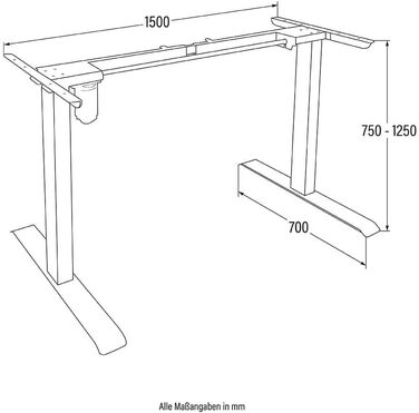 Каркас столу AXION - Колір чорний, Розміри 150 x 125 x 70 см, Вуглецева сталь, вкл. USB-штекер та сумку для зберігання Каркас столу з електричним регулюванням висоти