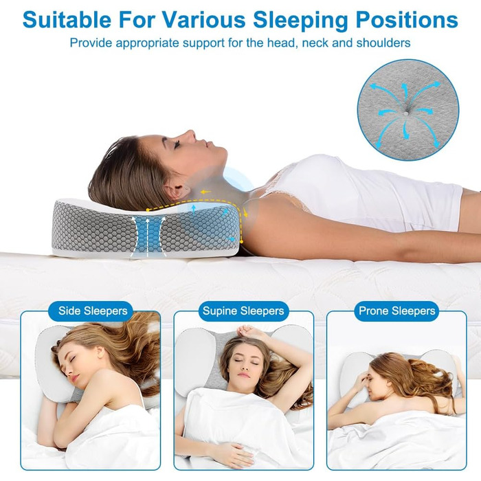 Подушка Ainiv з піни з ефектом пам&39яті, ергономічна подушка, подушка для голови для сну на боці, спині та животі, покращує якість сну, сірий колір