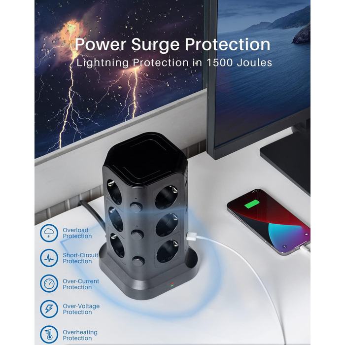 Шляховий подовжувач (4000 Вт/16А), 6 USB-розеток із захистом від перенапруги, індивідуально перемикається розетка для офісного кух