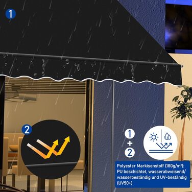 Тент LEADZM із затискачем, ширина 200 см, невеликий балконний тент без свердління, водонепроникний, сонцезахисний, стійкий до ультрафіолету, регульований по висоті за допомогою ручного приводу, для тераси, балкона, багатоквартирного будинку, саду, магазин