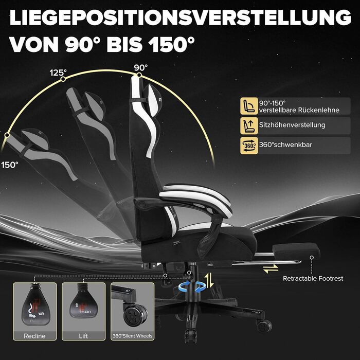 Ігрове крісло GTPLAYER, ергономічне тканинне ігрове крісло з поперековою опорою, комп&39ютерне крісло з розширеною спинкою, вантажопідйомність до 150 кг, чорна тканина