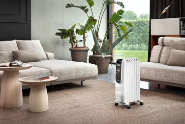 Масляний обігрівач De'Longhi Dragon EasyTronic (TRD50615) для приміщень до 45 м, електрообігрів з термостатом безпеки, 6 секцій, 12 рівнів температури, портативний, 1500 Вт, білий