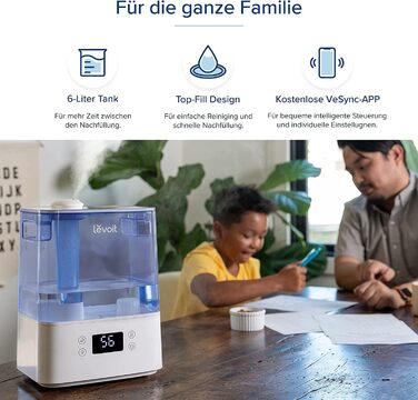 Зволожувач повітря LEVOIT 6L для великих приміщень спальня до 47 м, час роботи зволожувача 60 годин, зволожувач повітря з верхнім