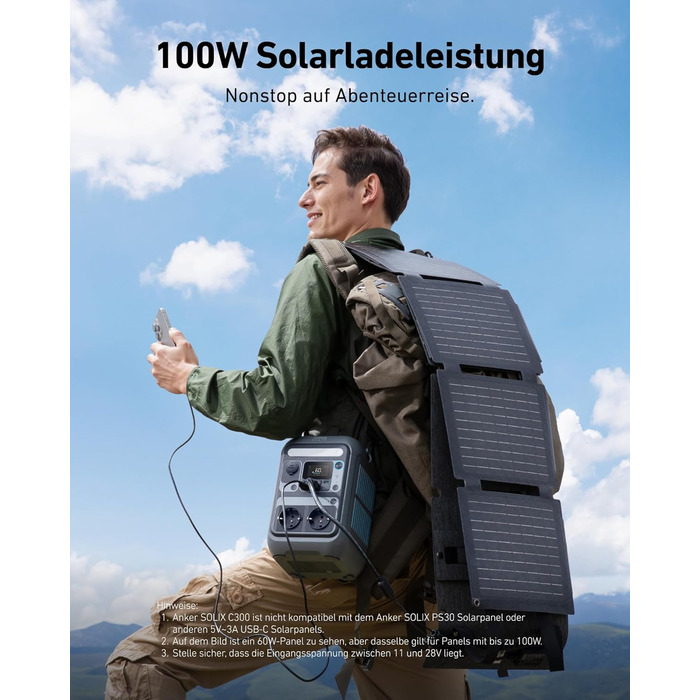 Портативна електростанція Anker SOLIX C300, акумулятор LiFePO4 ємністю 288 Втгод, сонячний генератор потужністю 300 Вт (макс. 600 Вт), двостороння швидка зарядка 140 Вт, для кемпінгу, відпочинку на природі, подорожей, надзвичайних ситуацій, у дорозі (соня