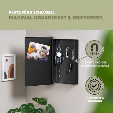 Скринька для ключів Bremermann зі скляною передньою частиною, з можливістю запису, 8 гачків, 6 магнітів, 1 маркер, 1 тримач для маркера, металевий корпус із сірим порошковим покриттям (повністю чорний)