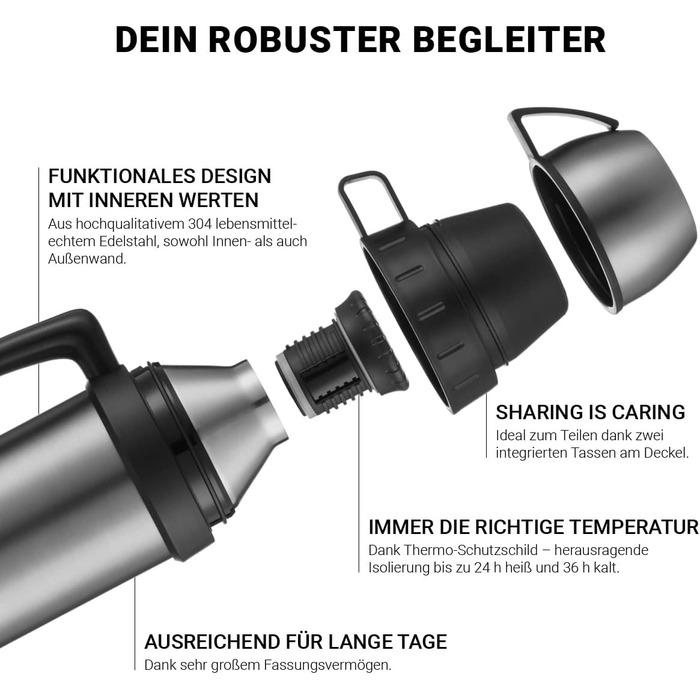 Термос 720DGREE з 2 чашками &39bigBoy&39 1,2 літра - Герметичний, міцний - Термос з нержавіючої сталі преміум-класу для гарячих напоїв, кави, чаю - Ізольована пляшка для пиття, Ізольована пляшка з 2 чашками 1200 мл Кам&39яно-сірий Сірий