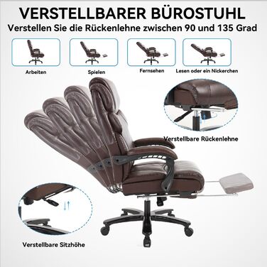 Велике та високе крісло керівника зі штучної шкіри, ергономічне офісне крісло 210 кг з підставкою для ніг, крісло для домашнього офісу з регульованою високою спинкою, обертове крісло з підголівником, комп&39ютерне крісло, коричневе