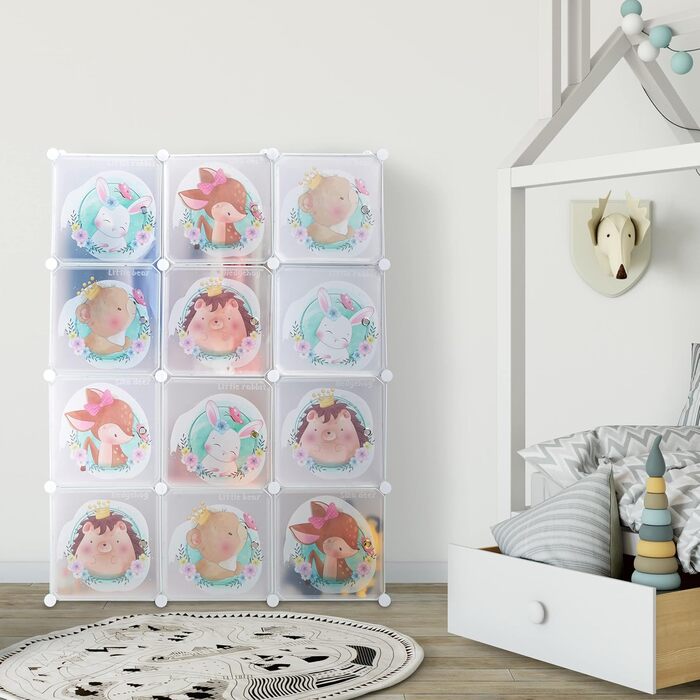 Дитячий стелаж Relaxdays, 2 вішалки для одягу, дверцята з тваринками, ВхШхГ 145x110x37 см, дитяча шафа зроби сам, білий