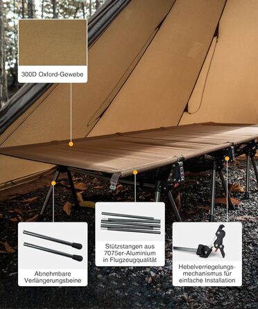 Складане похідне ліжко XXL, портативне кемпінгове ліжко, легке, складне, кемпінгове ліжко до 180 кг для намету, на природі, в подорожах, саду, в офісі (220 * 80 см) кольору койотового коричневого