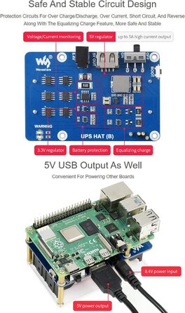 ДБЖ Waveshare HAT сумісний з джерелом безперебійного живлення Raspberry Pi 5 В Схеми захисту кількох акумуляторів Заряд і вихідна потужність одночасно (UPS HAT (B) (EU))