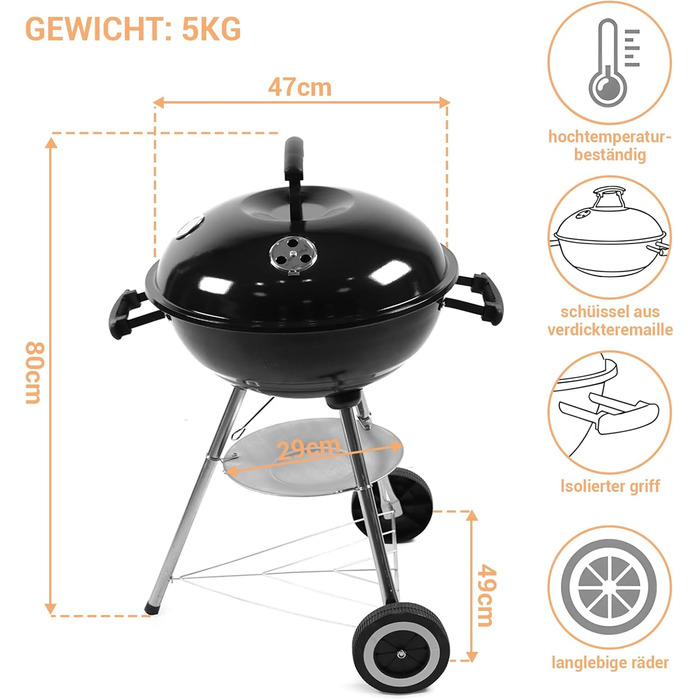 Портативний вугільний гриль з нержавіючої сталі для пікніка та кемпінгу. Малий гриль з кришкою, колесами та термометром. Розбірний гриль для саду, вечірок на відкритому повітрі. Розміри 47x49x80 см.