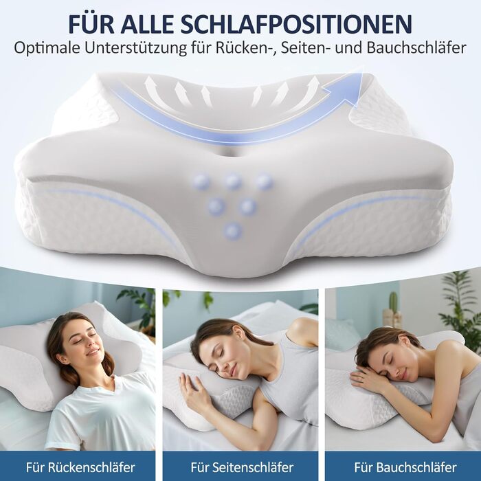 Подушка для шиї, подушка для голови, подушка для підтримки шиї, ортопедична подушка, ергономічна подушка для голови, подушка для сну на боці, подушка з піни з ефектом пам&39яті, подушка-метелик, 60 x 40 x 9/13 см, сірий