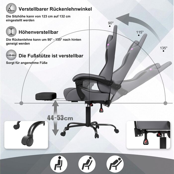 Ігрове крісло YHome, офісне крісло, регульоване по висоті, з підголівником, вібраційним масажем, поперековою подушкою, підставкою для ніг та підлокітниками, ергономічне ігрове крісло, велюрове покриття (чорнийсірийфіолетовий)