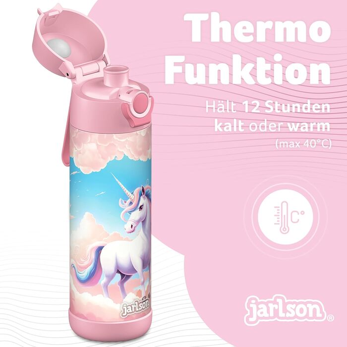 Дитяча пляшка для пиття Jarlson MALI з нержавіючої сталі ТЕРМОС - Герметична дитяча пляшка для пиття - Підходить для газованих напоїв - Пляшка для пиття для школи та дитячого садка (500 мл, рожевий єдиноріг) 500 мл рожевий єдиноріг