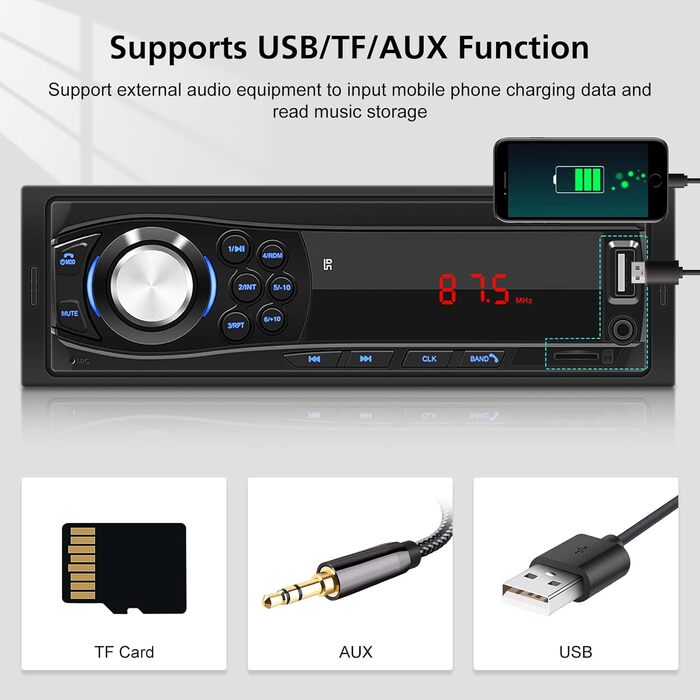 Автомобільна стереосистема NHOPEEW Single Din Bluetooth Гучний зв'язок Автомобільне радіо гучного зв'язку 1 DIN, USB, TF карта, AUX аудіо, FM з пультом дистанційного керування