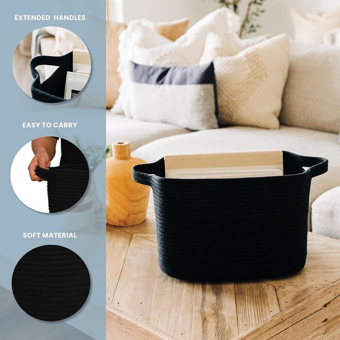 Кошик для зберігання OrganiHaus, чорний, місце для зберігання туалетного паперу, дитячий кошик для зберігання, плетений кошик, кошик для сходів, кошики та контейнери, маленький кошик для білизни, плетені кошики для зберігання, 35x23 см, чорний