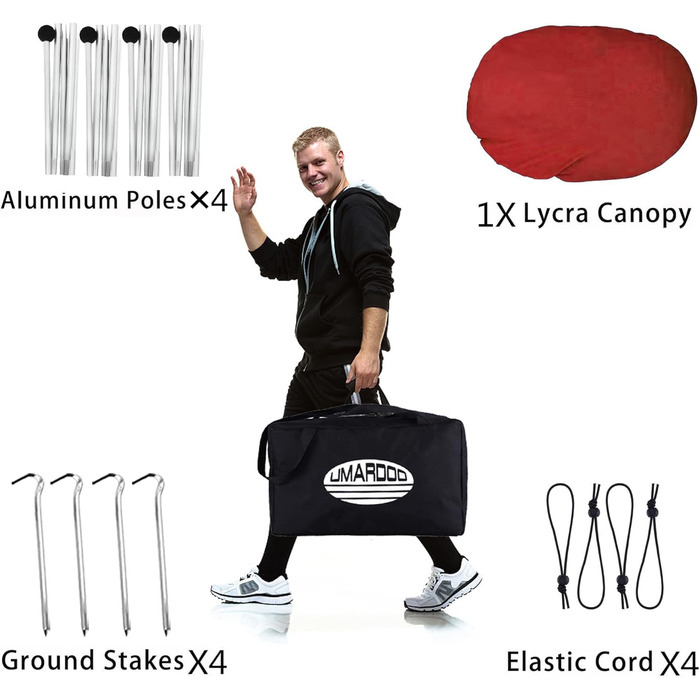 Сімейний пляжний намет UMARDOO з 4 алюмінієвими стійками, висувний пляжний сонцезахисний тент з сумкою для перенесення, червоний/подорожній, суцільний колір (Getaway Solids), 10x10 футів, 4 стійки