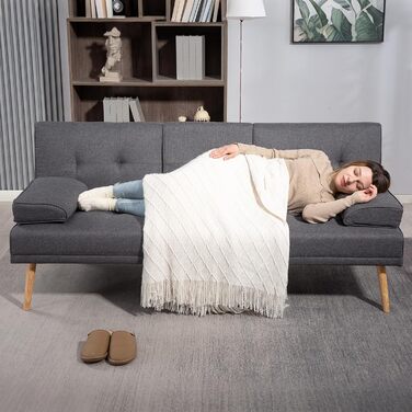 Розкладний диван HOMCOM, 3-місний диван, розкладний диван з розкладним столиком, підставка для чашок, диван-ліжко з лляним виглядом, гостьове ліжко-ліжко для вітальні, темно-сірий, 181Д x 77Ш x 78В см