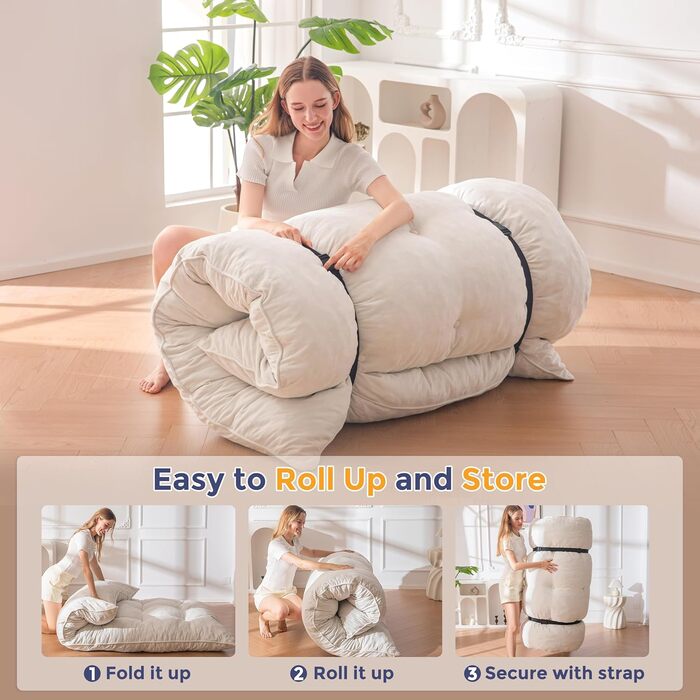 Матрац MAXYOYO футон, тканина шенил, товщина 15 см, може використовуватися як диван-ліжко, виготовлений на ґудзиках, складний гостьовий матрац для вітальні/спальні, кремовий, 135 x 200 см