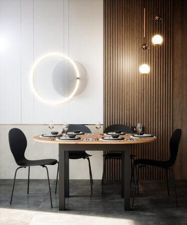 Круглий розкладний обідній стіл Newfurn 100140 см сучасний функціональний стіл з дикого дуба, скандинавський дизайн, стабільний та гнучкий для їдальні. Антрацит / Дикий дуб. Круглий 100-140 см.