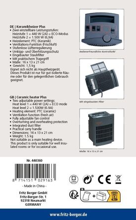 Керамічний вентилятор-обігрівач BERGER, макс. 1500 Вт Тихий портативний обігрівач для кемпінгу, майстерні, офісу, ванної кімнати Невеликий вентилятор-обігрівач з 2 рівнями потужності Енергозберігаючий та безпечний