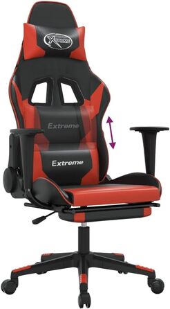 Геймерське крісло з підставкою для ніг, чорно-червона штучна шкіра, регульована висота спинки та сидіння, поворот на 360 градусів, міцний металевий каркас, ергономічна підтримка.