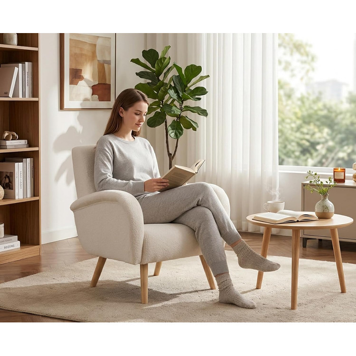 Сучасне крісло для відпочинку, м&39яке крісло з високоякісним штучним хутром та ніжками з масиву дерева, надзвичайно зручне крісло для читання для вітальні, спальні, легке складання, білий колір
