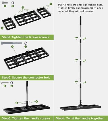 Вирівнювач для газону 75x25 см з регульованою ручкою, граблі-рівняльник з нержавіючою сталевою ручкою 180 см, міцний та енергозберігаючий вирівнювач для саду, подвір'я, гольф-поля, легке вирівнювання піску та ґрунту 75 x 25 см