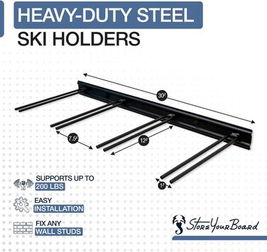 Настінне кріплення для лиж StoreYourBoard для 8 пар лижних стійок для дому та гаража, виготовлене зі сталі (чорне) 8 лиж