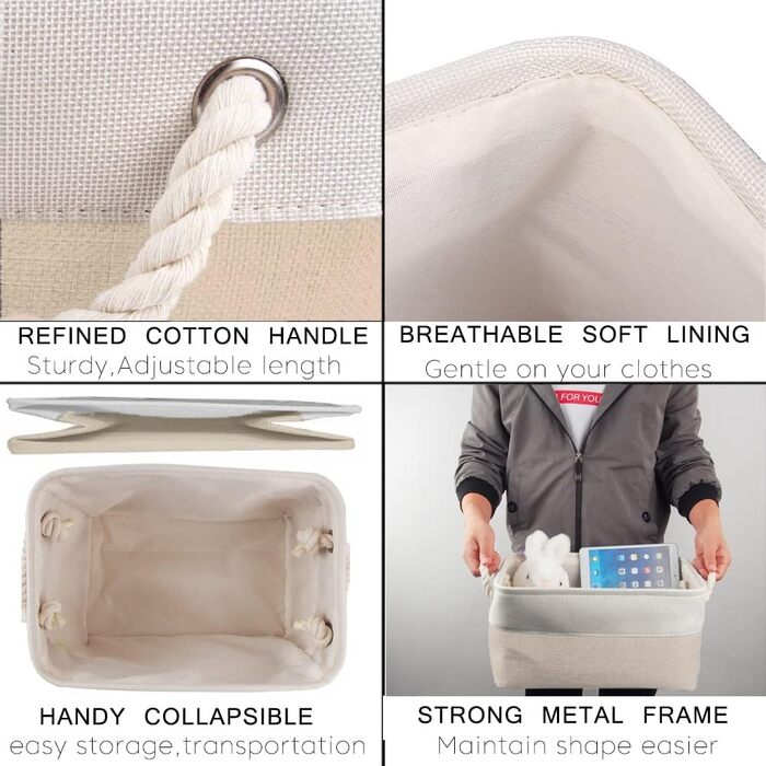 Набір із 3 великих кошиків для зберігання Mangata, лляні тканинні кошики з ручками для шаф, полиць, ванних кімнат, одягу, іграшок, рушників (38x28x24 см, світло-білий хакі) Світло-білий хакі 38 x 28 x 24 см