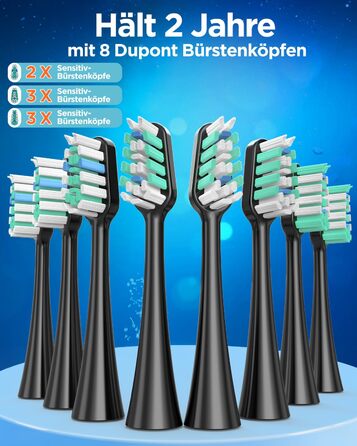 Електрична зубна щітка з 8 насадками (3 типи), звукова зубна щітка для дорослих, з таймером, до 120 днів роботи від акумулятора, 5 режимів чищення, дорожній футляр, настільна зарядна станція, колір чорний