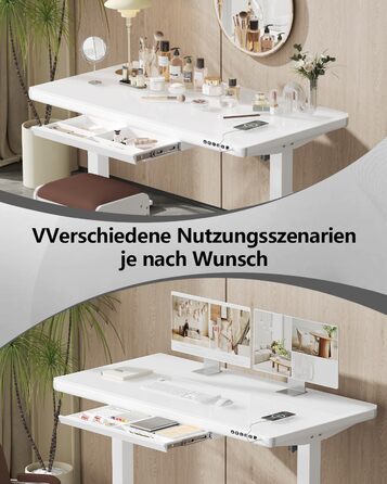 Стіл Homall Glass з регульованою висотою, 120 x 60 см, електричний стіл з регульованою висотою та шухлядою, стіл для домашнього офісу з можливістю сидіти та стояти, білий 120 x 60 см, білий
