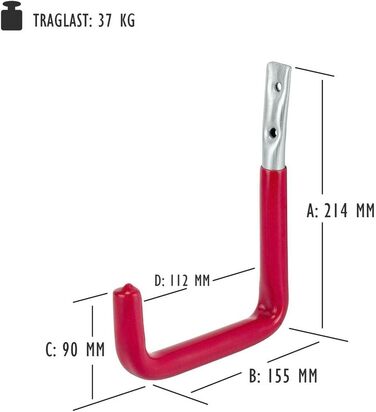 Настінний гачок siwitec U-подібна форма 214 x 155 x 90 x 112 мм червоний прогумований, набір з 6 шт. , важкі гачки, вантажопідйомність 37 кг