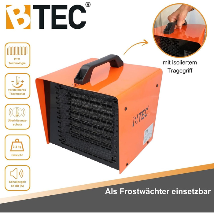 Електричний обігрівач BTEC потужністю 3000 Вт - Керамічні нагрівальні елементи - 2 режими нагріву - Захист від замерзання - Ідеально підходить для будівельних майданчиків, майстерень, гаражів - Радіаційний обігрівач - Обігрівач 3 кВт / 3000 Вт