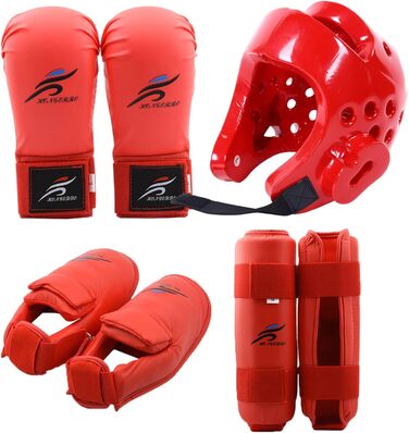 Захисне спорядження для спарингу, захисне спорядження для спарингу карате з поліестеру, тхеквондо, включає 1 шолом, 1 пару рукавичок та 1 пару захисних наколінників, також підходить для велоспорту, бойових мистецтв тощо, червоний, розмір S