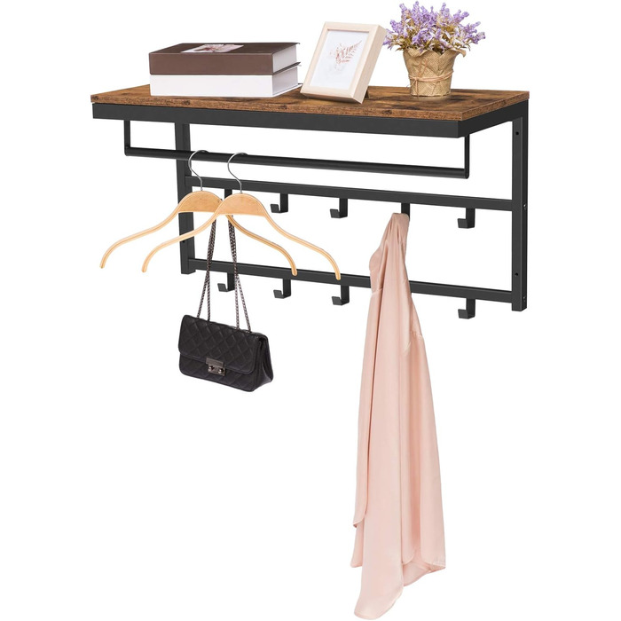 Настінна вішалка з полицею, настінна полиця з 10 гачками і штангами, настінна підвісна полиця, 80 x 30 x 42 см, для передпокою, ві