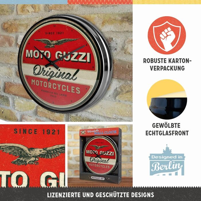 Ретро-настінний годинник Nostalgic-Art, Ø 31 см, Moto Guzzi Original Motorcycles Ідея подарунка для байкерів, оригінальний ліцензійний продукт (OLP), великий кухонний годинник у вінтажному дизайні