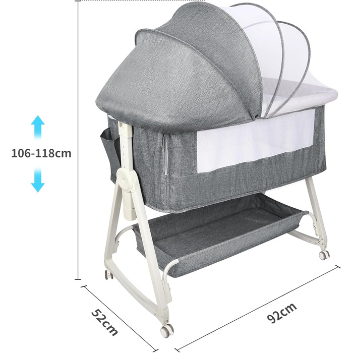 Ліжечко 3-в-1, дорожнє ліжечко для немовлят з матрацом, 6-позиційне регульоване по висоті дитяче ліжечко з верхньою платформою, портативна колиска з колесами для дітей до 36 місяців - 92 x 52 x 106-118 см - Білосніжний сірий