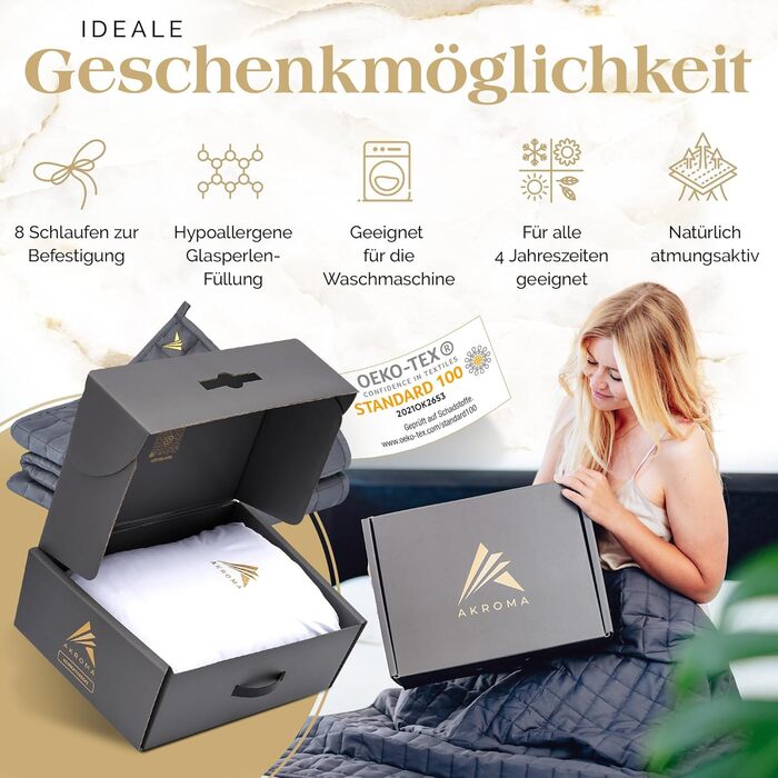 Обтяжена ковдра Akroma Premium 155x220 см 12 кг Антистресова терапевтична ковдра Щільна ковдра для кращого сну Релаксаційна ковдра для розладів сну 100 бавовна (OekoTex) Обтяжена ковдра для дорослих 155x220 см 12 кг темно-сіра