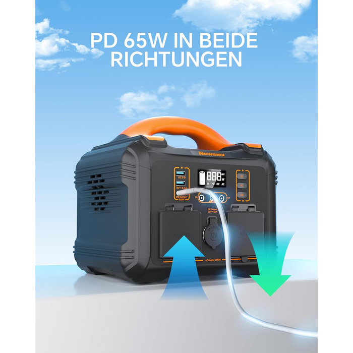 Портативна електростанція Newsmy 300 Вт/230 В x 2 виходи змінного струму (пік 600 Вт) Чиста синусоїда 236,25 Втгод LiFeMnPO4 акумулятор, сонячний генератор для кемпінгу/відпочинку на природі/аварійного/побутового блоку живлення 236 Втгод чорного кольору